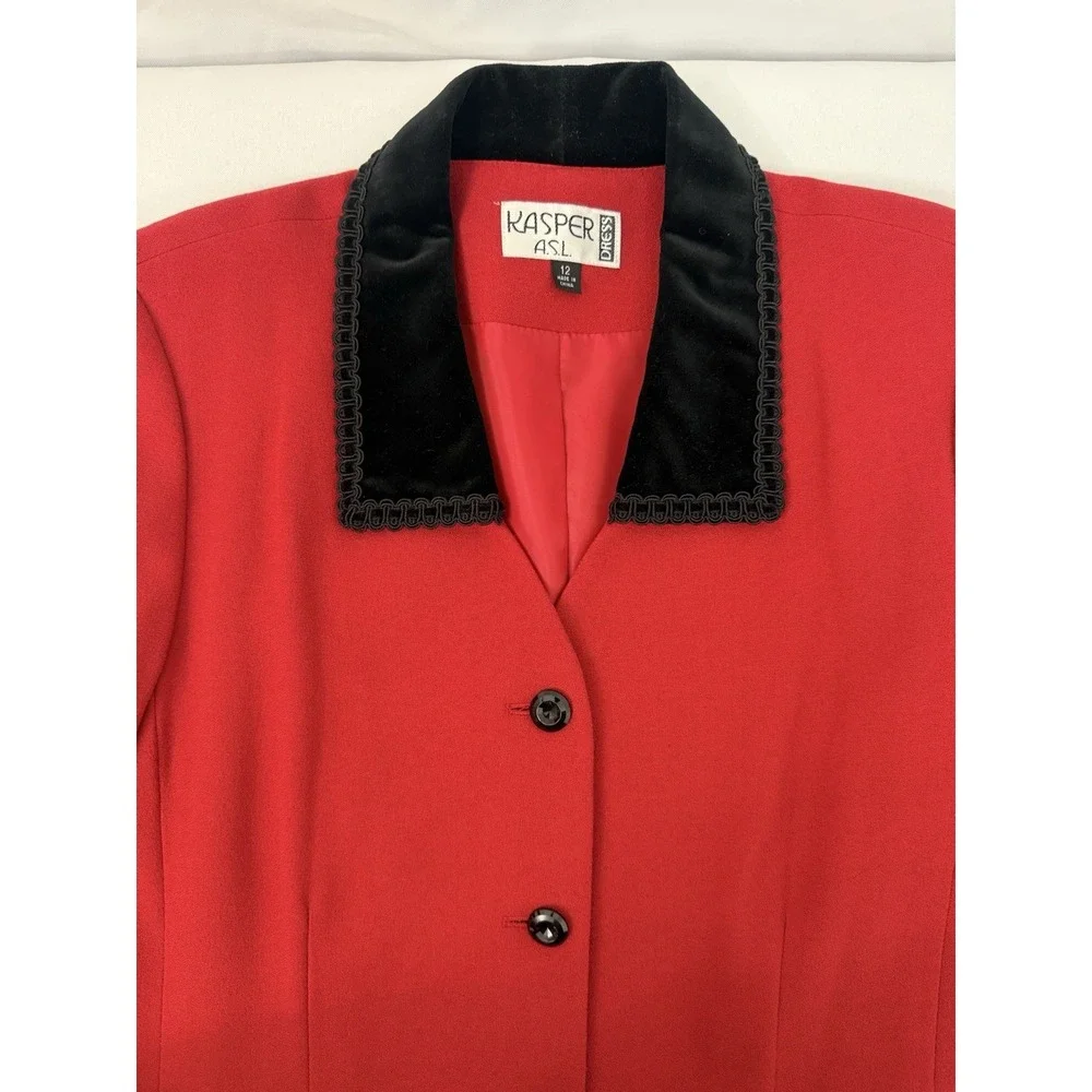 VTG Kasper Red Long Coat Dress Velvet Collar Lined Button Down‎ Womens Size 12 - Picture 5 of 12